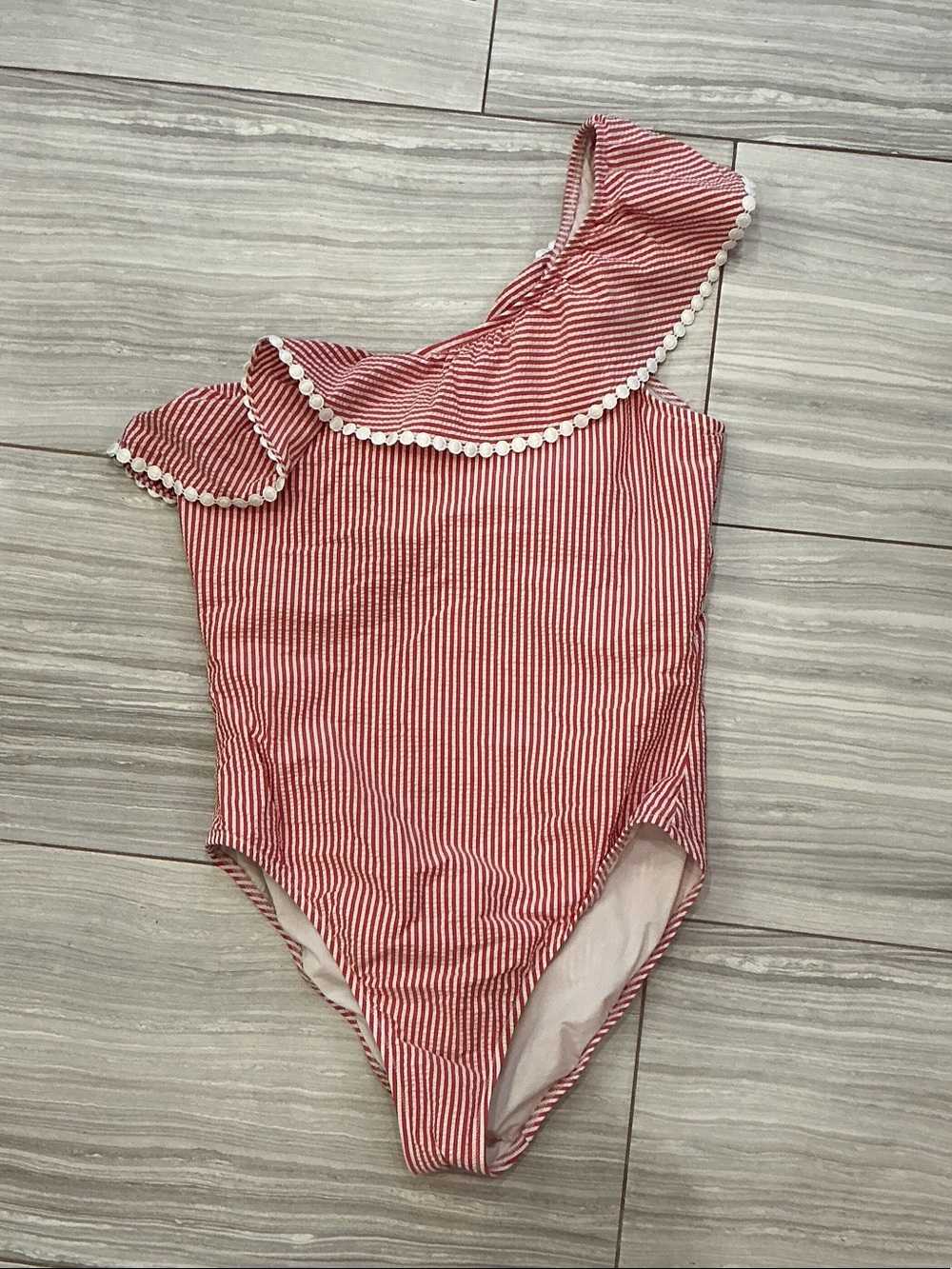 J Crew Red & White Striped One-Shoulder Swimsuit with Pom Trim